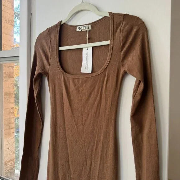 Eterne Square-Neck Long Sleeve Butter Rib Maxi Dress Earth Brown Small